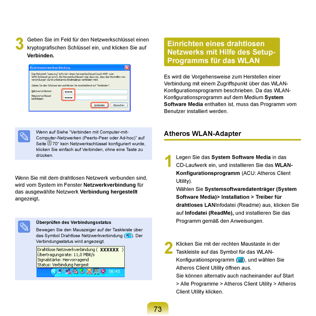 Samsung NP-P400-RA02DE, NP-P400-RA01DE manual Atheros WLAN-Adapter, Überprüfen des Verbindungsstatus 