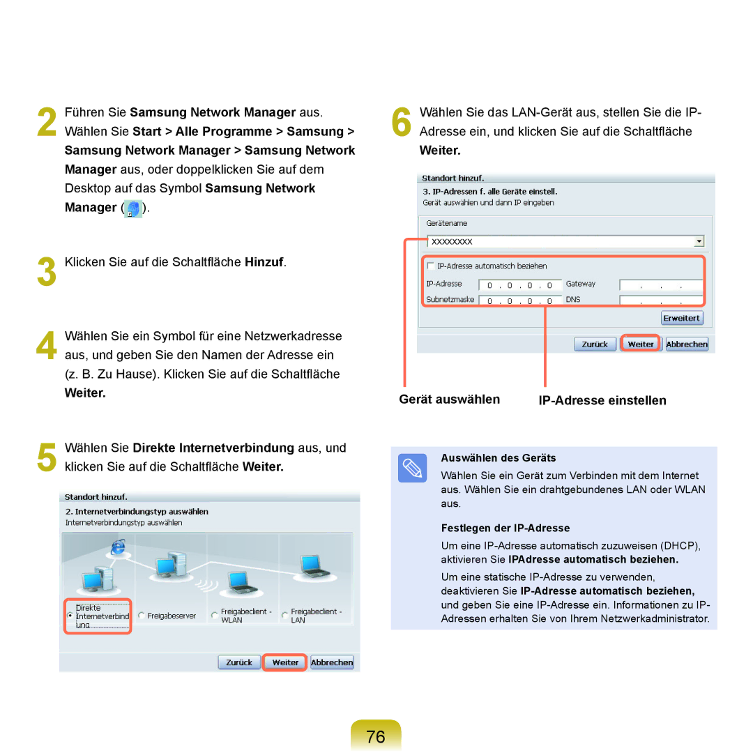 Samsung NP-P400-RA01DE manual Weiter, Gerät auswählen IP-Adresse einstellen, Auswählen des Geräts, Festlegen der IP-Adresse 