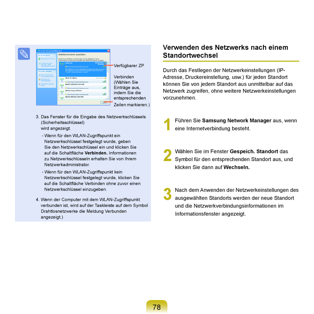 Samsung NP-P400-RA01DE, NP-P400-RA02DE manual Verwenden des Netzwerks nach einem Standortwechsel 