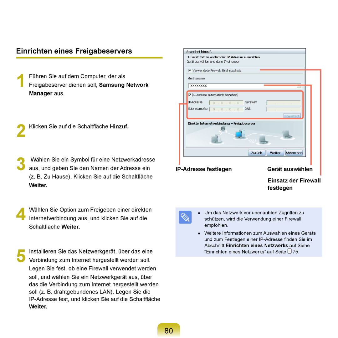 Samsung NP-P400-RA01DE Einrichten eines Freigabeservers, Manager aus, IP-Adresse festlegen Gerät auswählen, Festlegen 