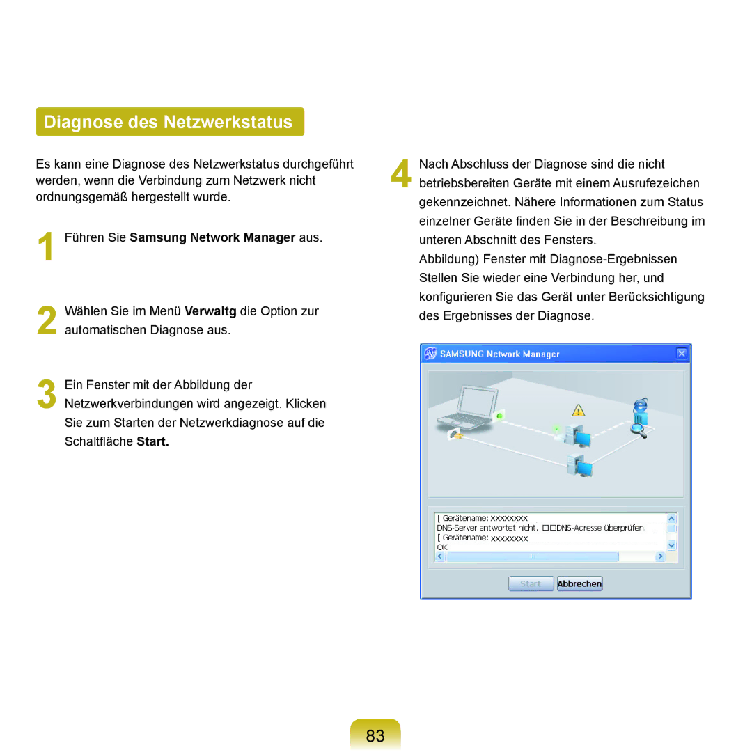 Samsung NP-P400-RA02DE, NP-P400-RA01DE manual Diagnose des Netzwerkstatus, Führen Sie Samsung Network Manager aus 