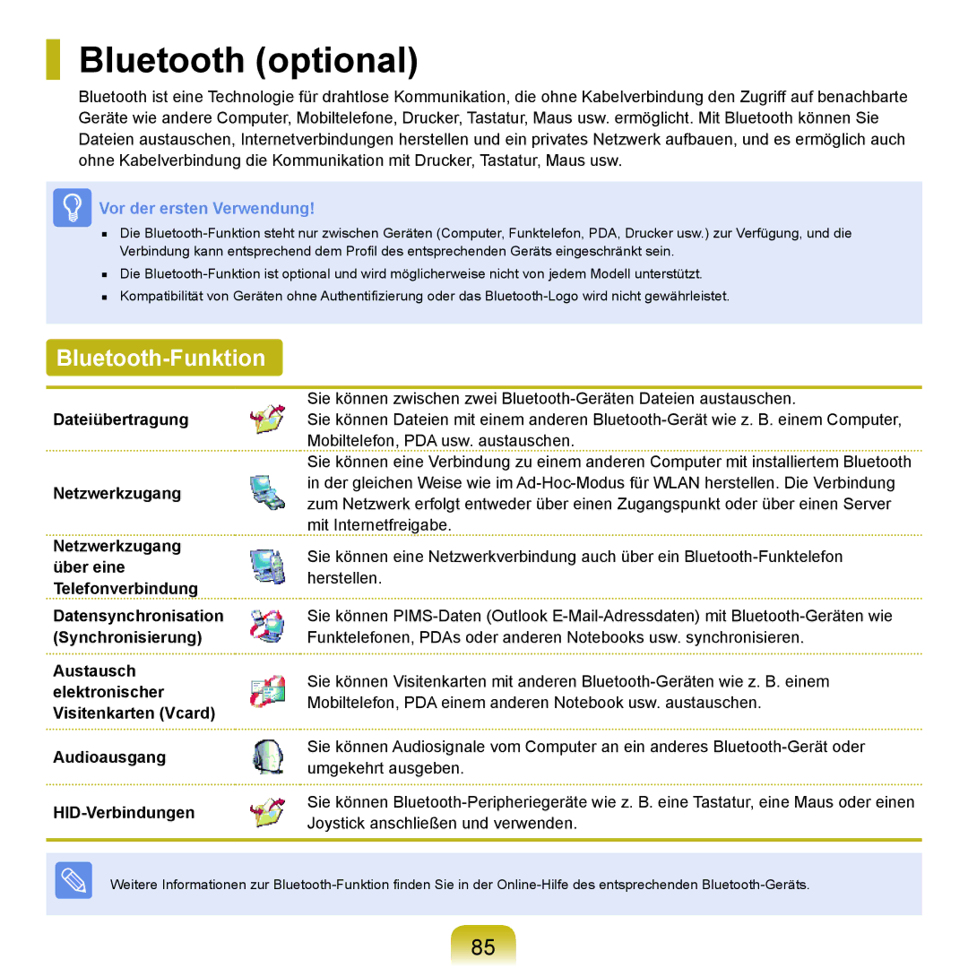 Samsung NP-P400-RA02DE, NP-P400-RA01DE manual Bluetooth optional, Bluetooth-Funktion 