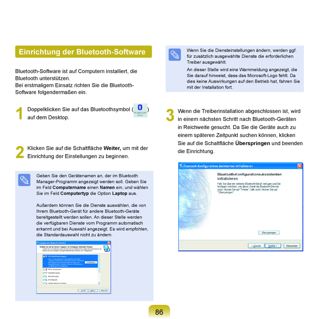 Samsung NP-P400-RA01DE, NP-P400-RA02DE manual Einrichtung der Bluetooth-Software 