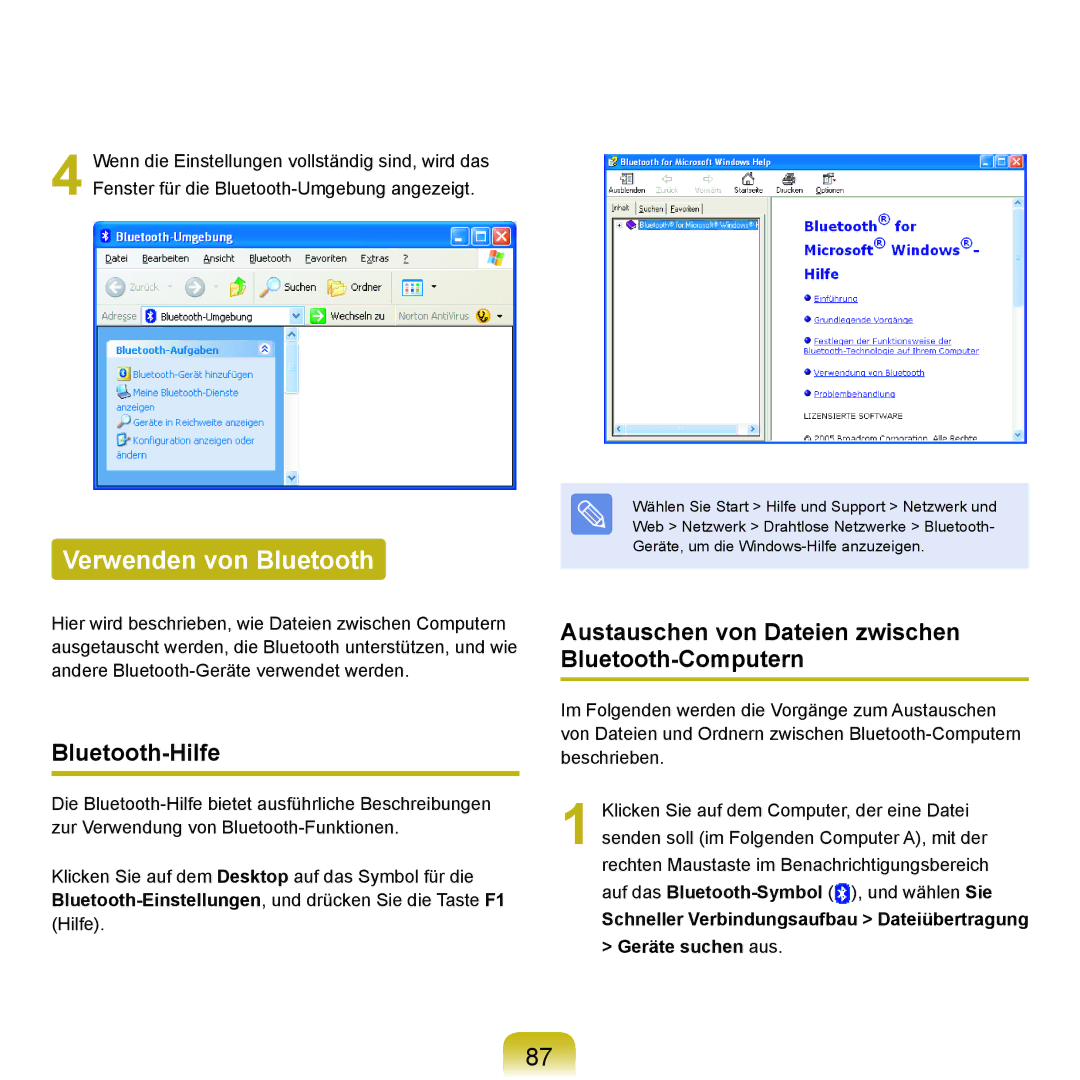 Samsung NP-P400-RA02DE Verwenden von Bluetooth, Bluetooth-Hilfe, Austauschen von Dateien zwischen Bluetooth-Computern 