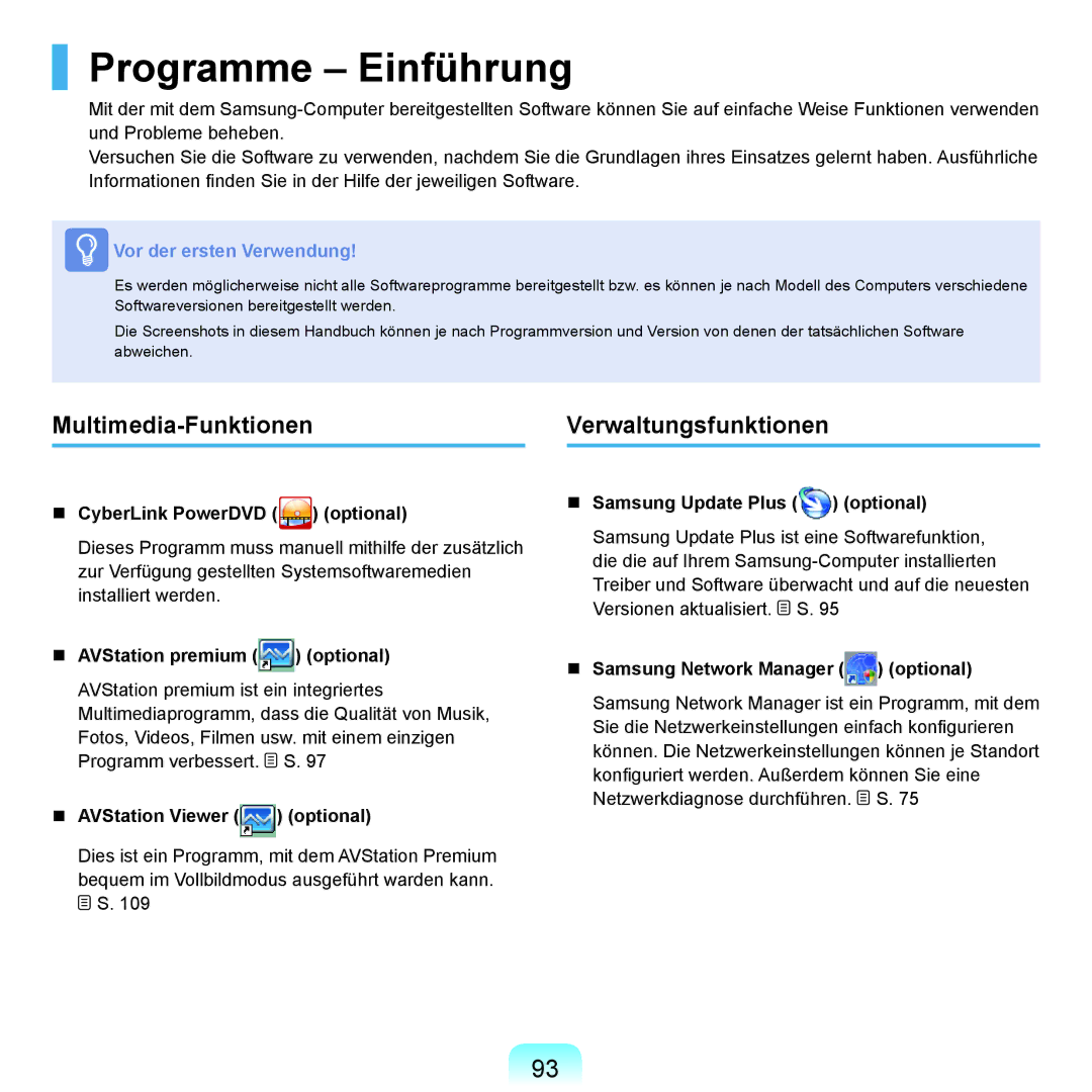 Samsung NP-P400-RA02DE, NP-P400-RA01DE manual Programme Einführung, Multimedia-FunktionenVerwaltungsfunktionen 