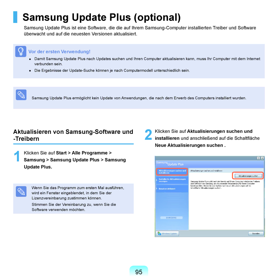 Samsung NP-P400-RA02DE, NP-P400-RA01DE manual Samsung Update Plus optional, Aktualisieren von Samsung-Software und -Treibern 