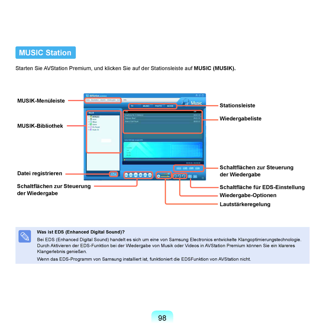 Samsung NP-P400-RA01DE, NP-P400-RA02DE manual Music Station, Was ist EDS Enhanced Digital Sound? 