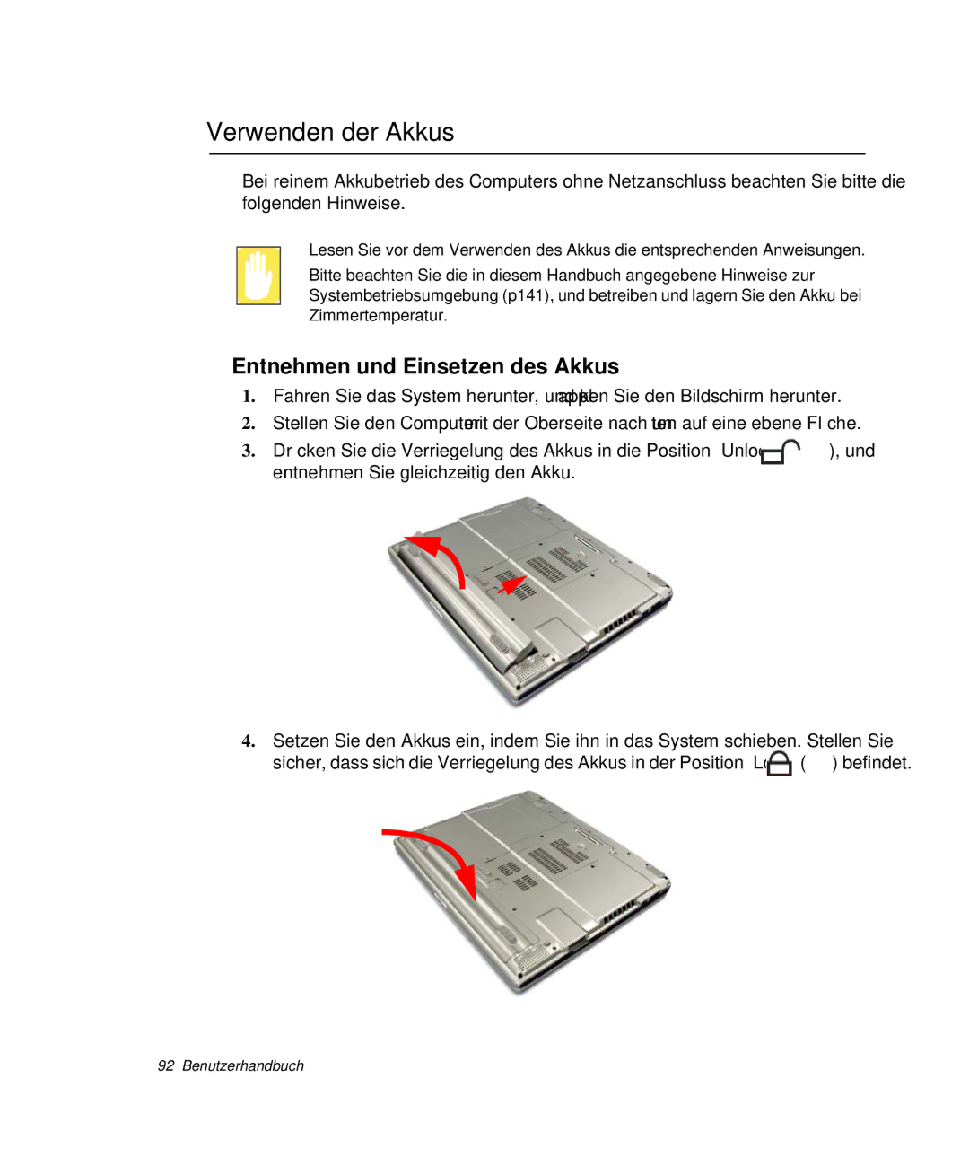 Samsung NP-P40TV04/SEG, NP-P40TV03/SEG, NP-P40CV01/SEG manual Verwenden der Akkus, Entnehmen und Einsetzen des Akkus 