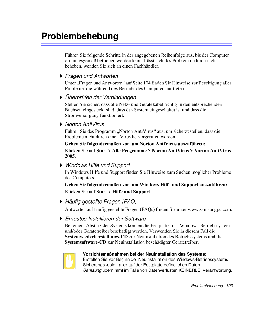 Samsung NP-P40CV01/SEG manual Problembehebung, Fragen und Antworten, Überprüfen der Verbindungen, Norton AntiVirus 