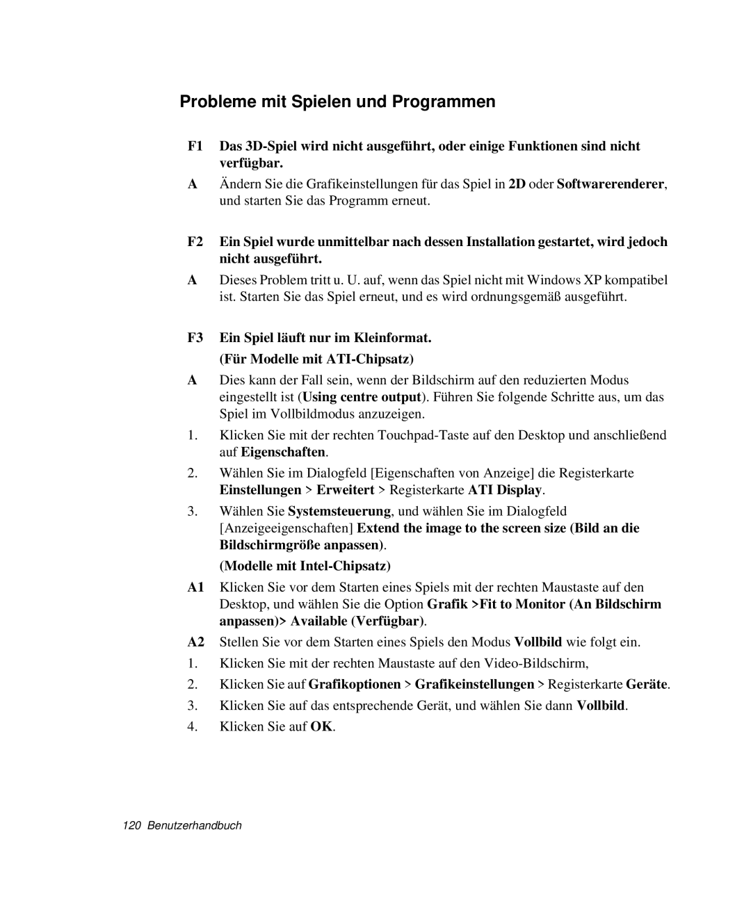 Samsung NP-P40TV03/SEG, NP-P40TV04/SEG, NP-P40CV01/SEG manual Probleme mit Spielen und Programmen, Modelle mit Intel-Chipsatz 