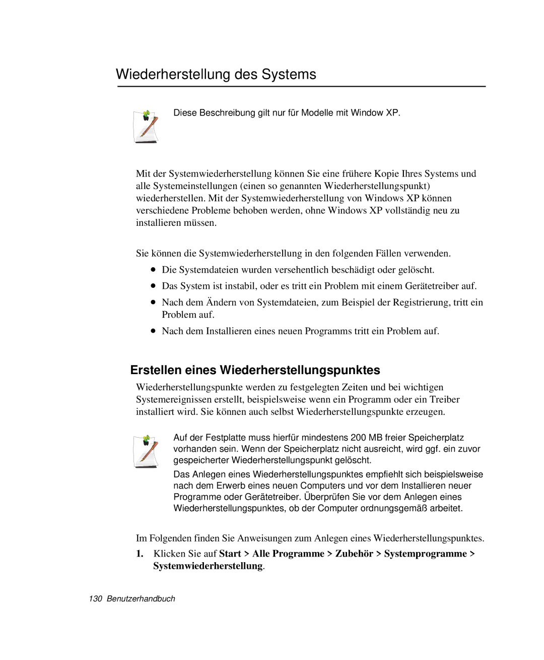 Samsung NP-P40CV01/SEG, NP-P40TV04/SEG manual Wiederherstellung des Systems, Erstellen eines Wiederherstellungspunktes 