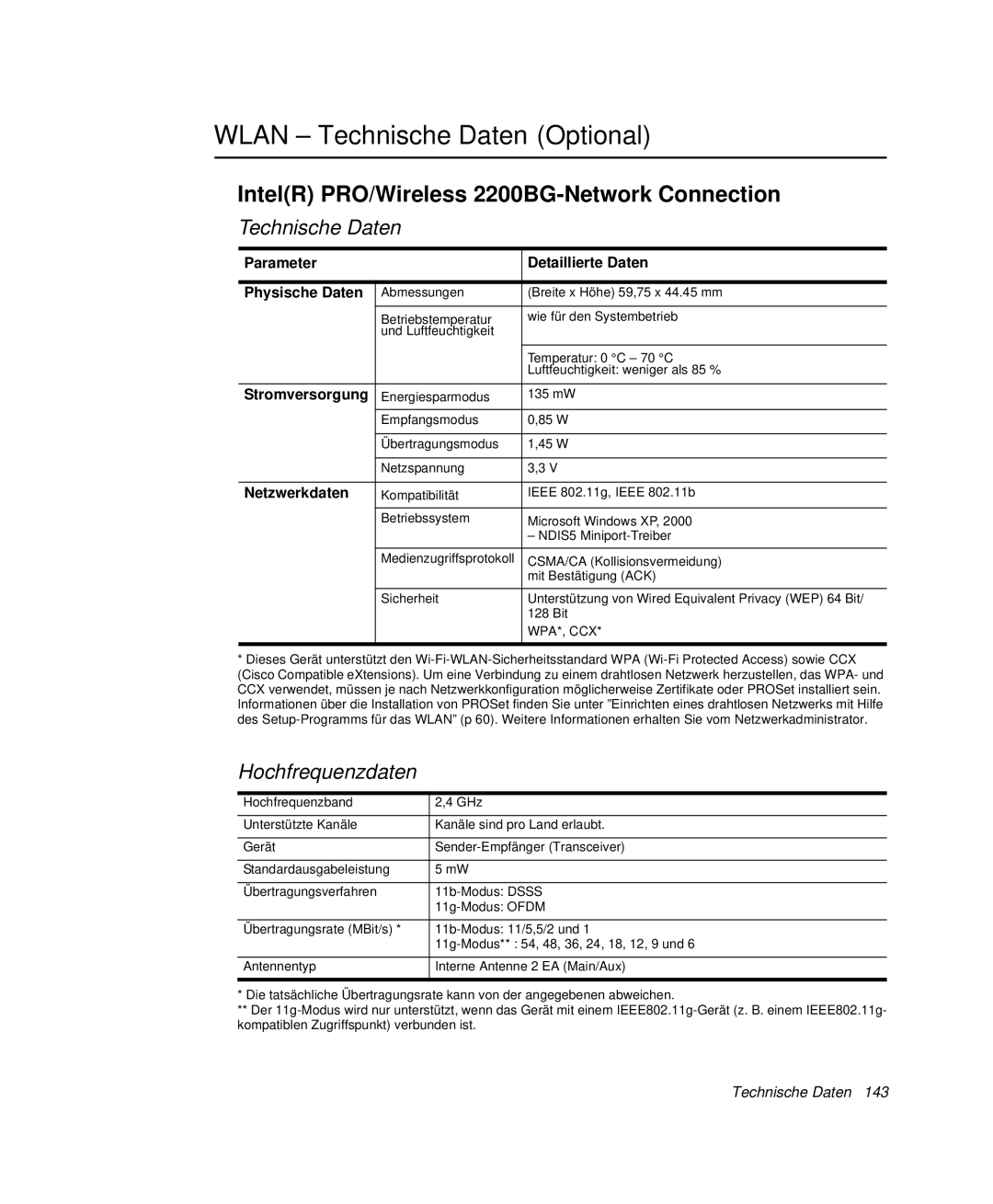 Samsung NP-P40TV04/SEG Wlan Technische Daten Optional, IntelR PRO/Wireless 2200BG-Network Connection, Hochfrequenzdaten 