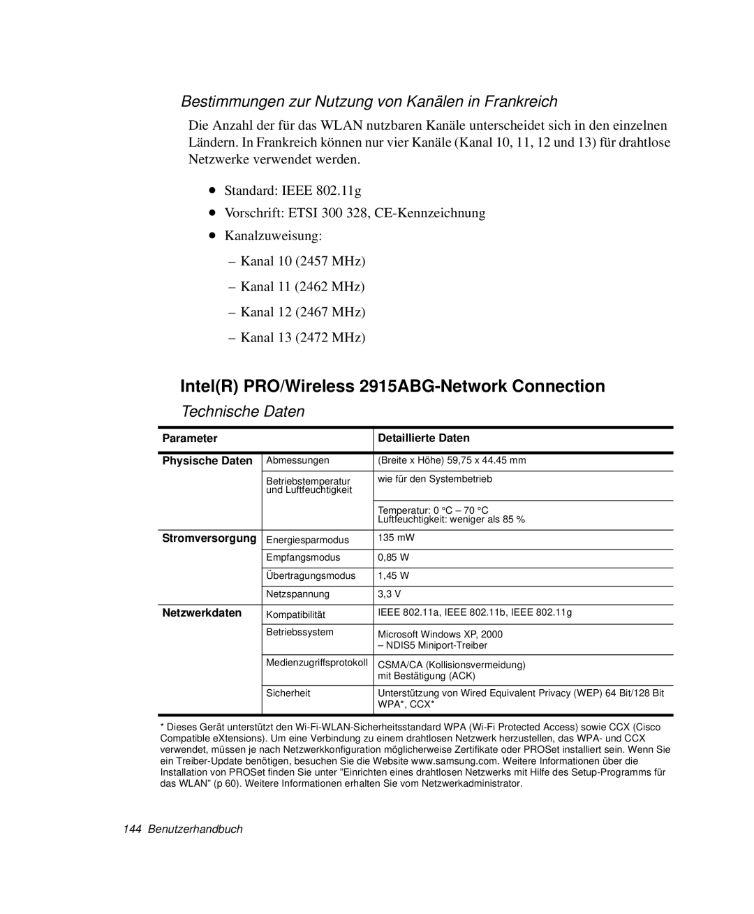 Samsung NP-P40TV03/SEG IntelR PRO/Wireless 2915ABG-Network Connection, Bestimmungen zur Nutzung von Kanälen in Frankreich 