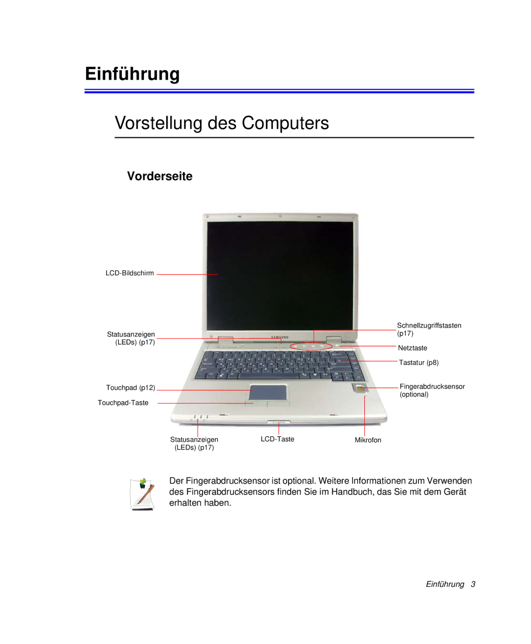 Samsung NP-P40TV03/SEG, NP-P40TV04/SEG, NP-P40CV01/SEG manual Einführung, Vorderseite 