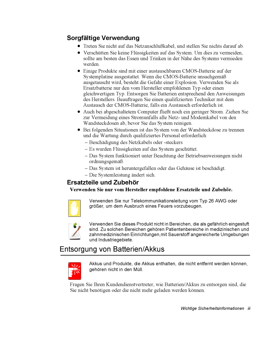 Samsung NP-P40TV04/SEG, NP-P40TV03/SEG Entsorgung von Batterien/Akkus, Sorgfältige Verwendung, Ersatzteile und Zubehör 