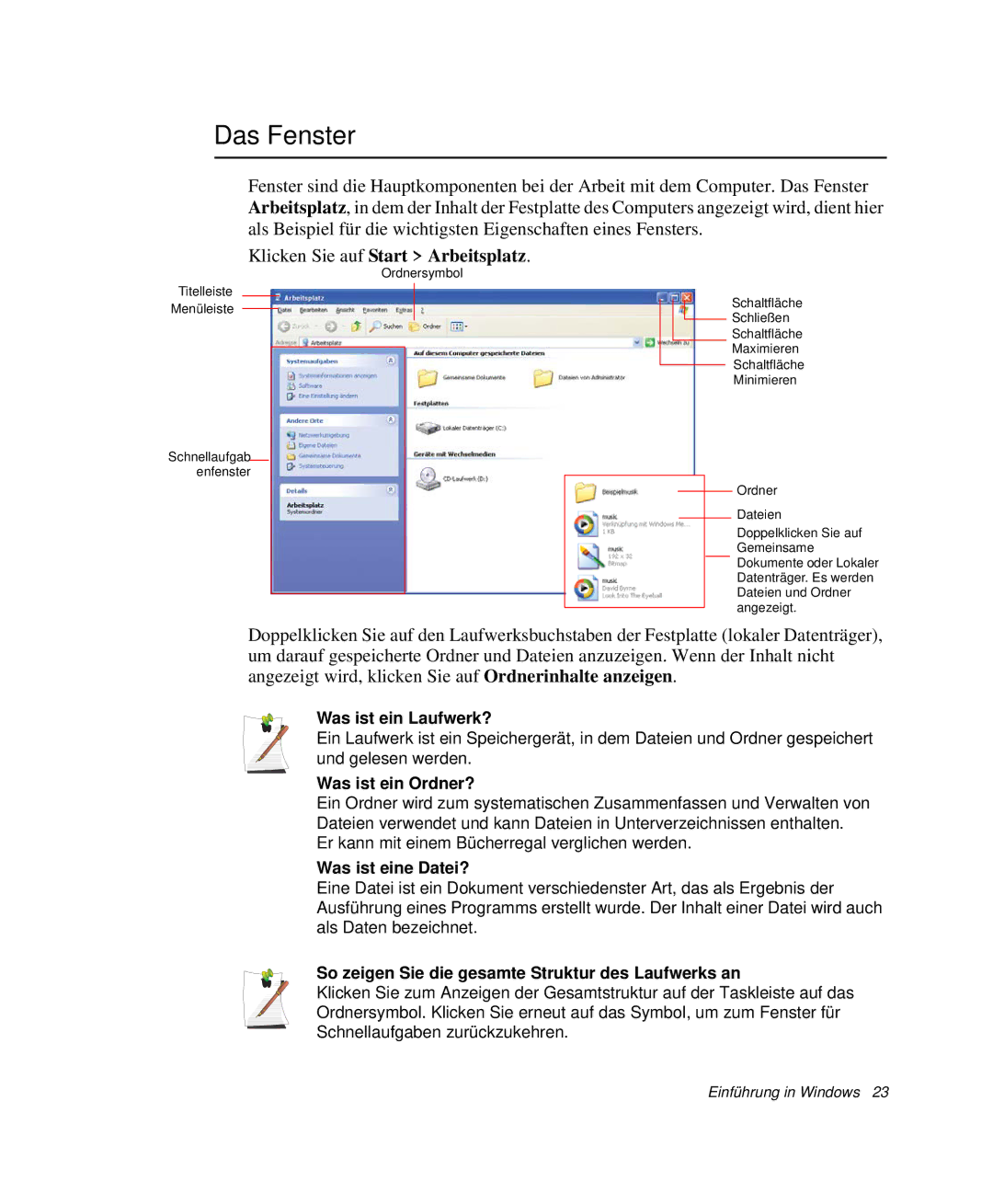 Samsung NP-P40TV04/SEG, NP-P40TV03/SEG, NP-P40CV01/SEG manual Das Fenster, Klicken Sie auf Start Arbeitsplatz 