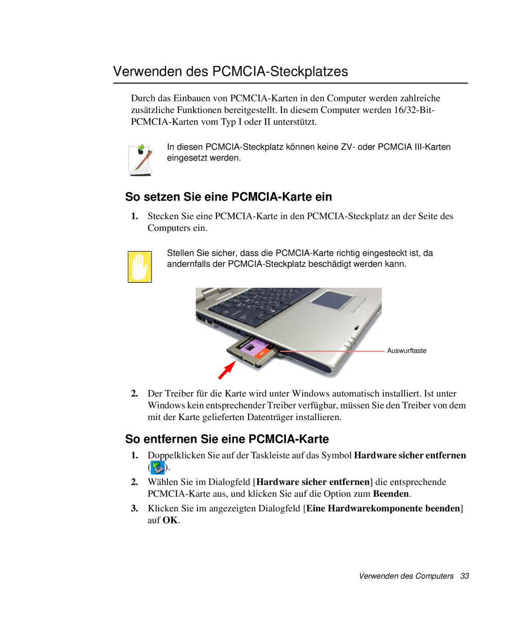 Samsung NP-P40TV03/SEG, NP-P40TV04/SEG manual Verwenden des PCMCIA-Steckplatzes, So setzen Sie eine PCMCIA-Karte ein 