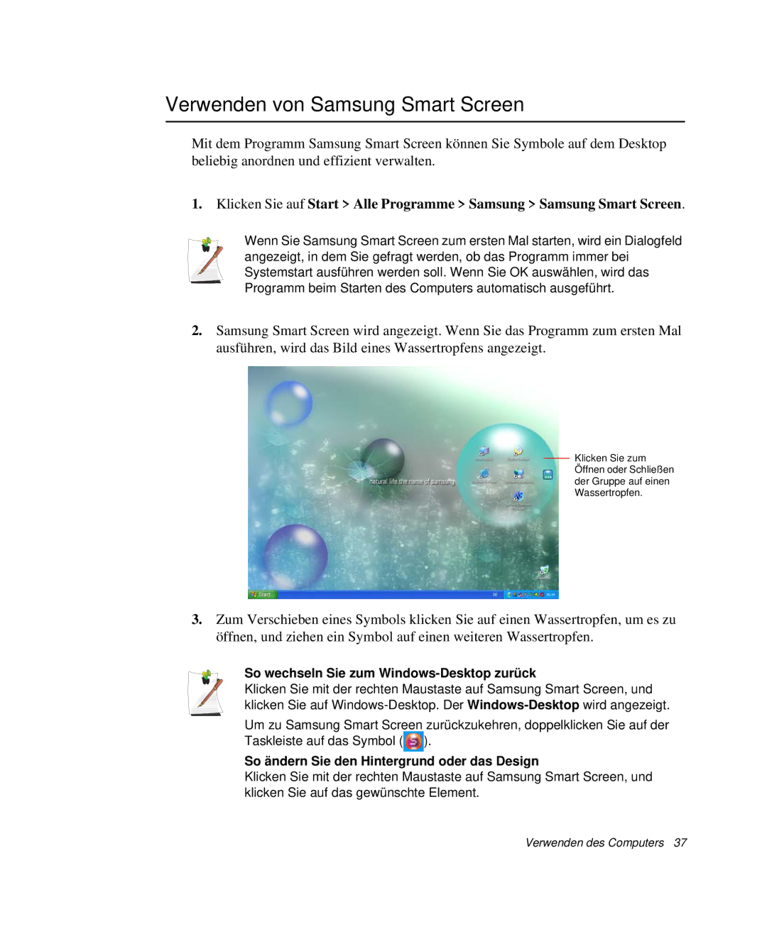 Samsung NP-P40CV01/SEG, NP-P40TV04/SEG manual Verwenden von Samsung Smart Screen, So wechseln Sie zum Windows-Desktop zurück 