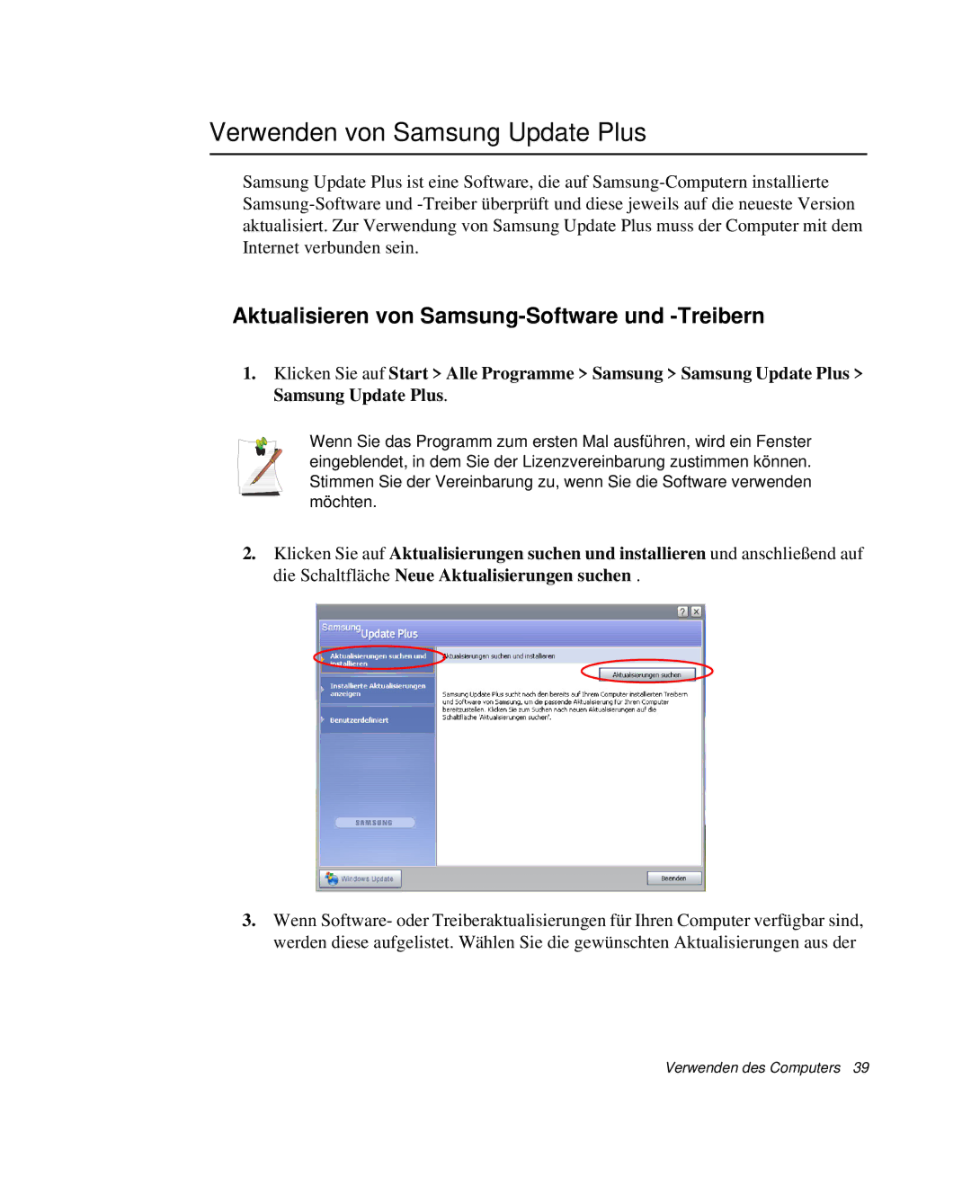 Samsung NP-P40TV03/SEG, NP-P40TV04/SEG Verwenden von Samsung Update Plus, Aktualisieren von Samsung-Software und -Treibern 