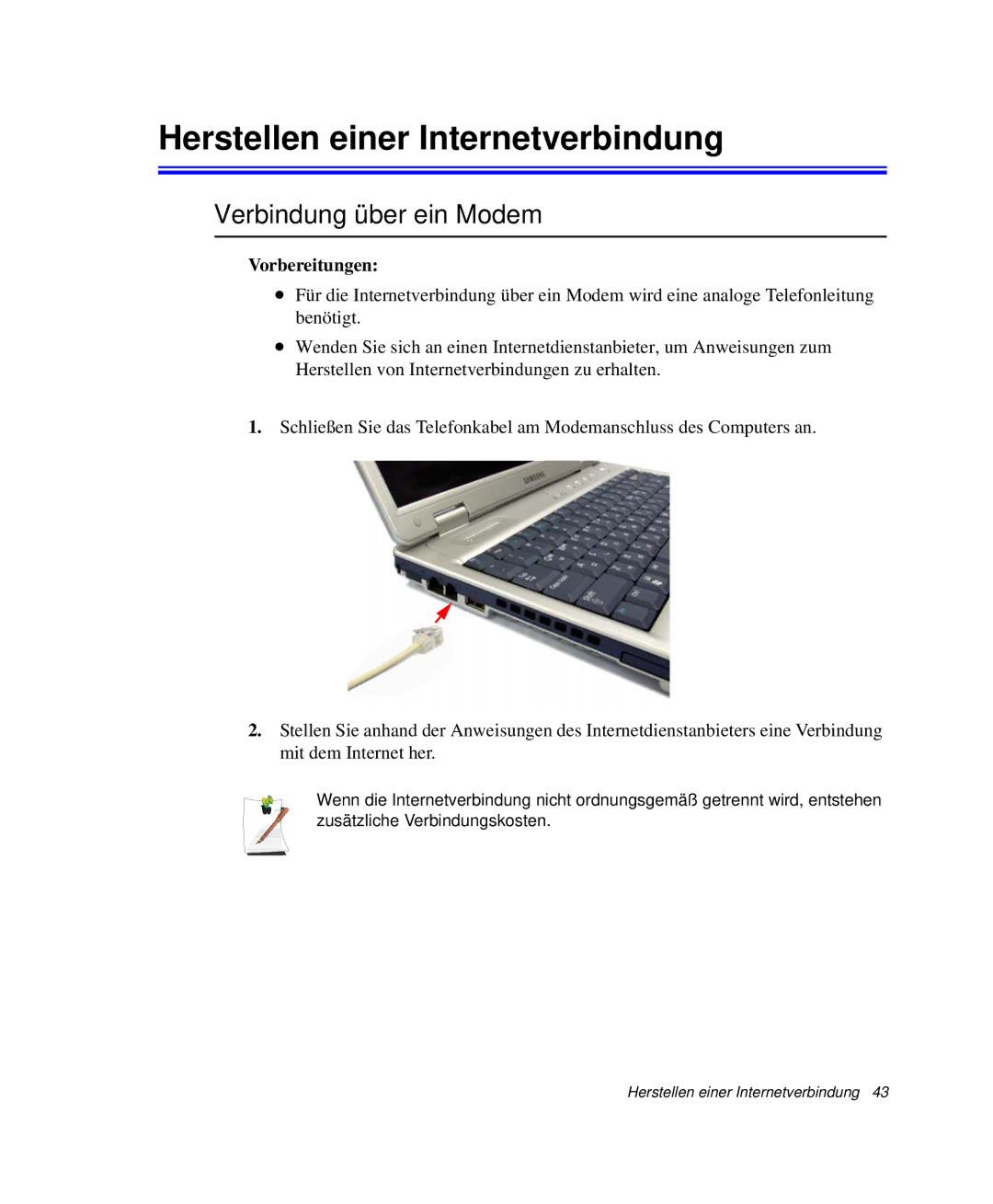 Samsung NP-P40CV01/SEG, NP-P40TV04/SEG manual Herstellen einer Internetverbindung, Verbindung über ein Modem, Vorbereitungen 