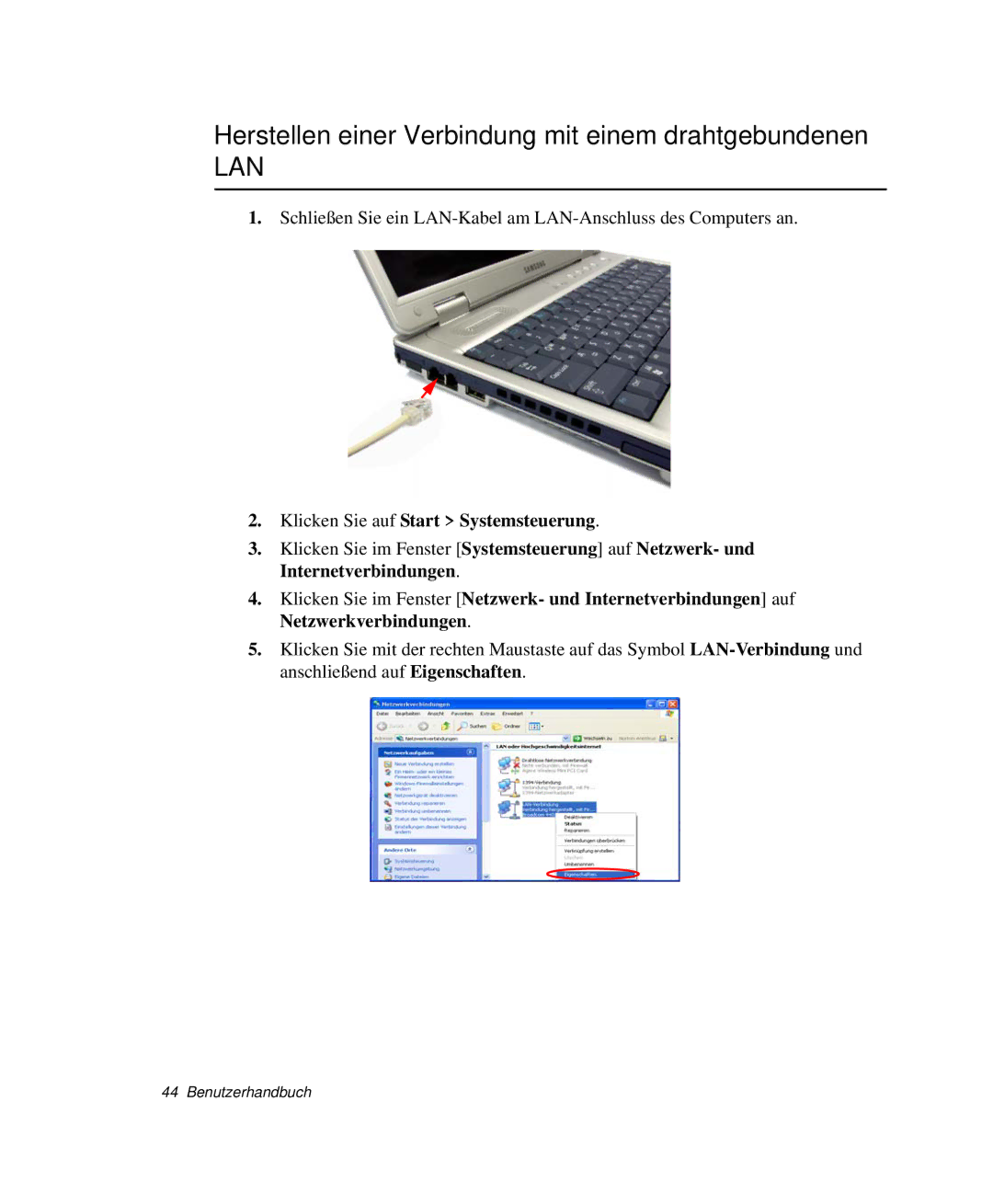 Samsung NP-P40TV04/SEG manual Herstellen einer Verbindung mit einem drahtgebundenen, Klicken Sie auf Start Systemsteuerung 