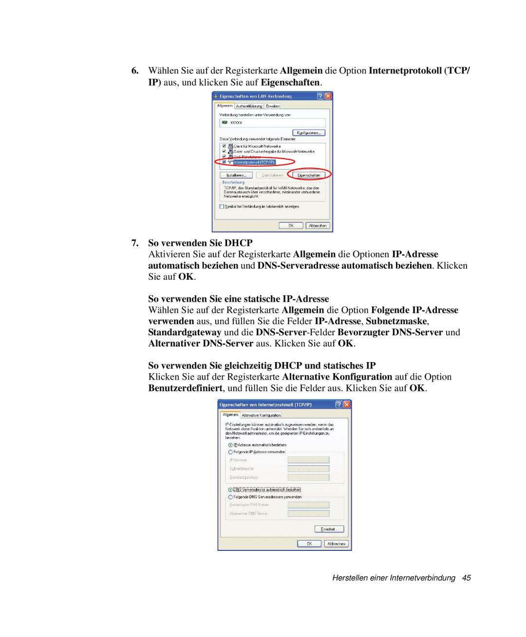 Samsung NP-P40TV03/SEG, NP-P40TV04/SEG, NP-P40CV01/SEG So verwenden Sie Dhcp, So verwenden Sie eine statische IP-Adresse 