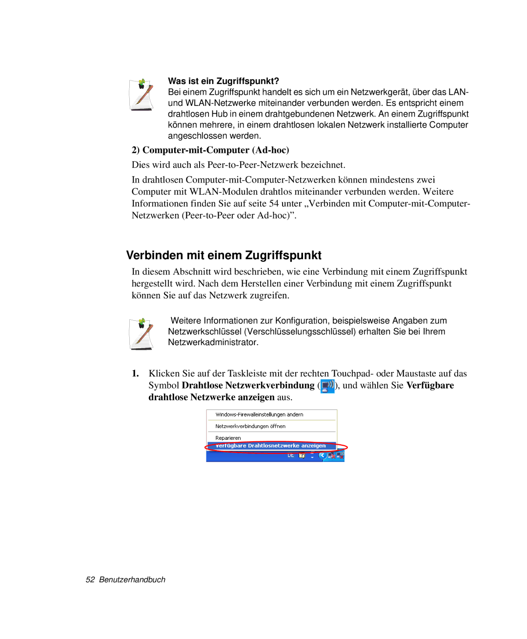 Samsung NP-P40CV01/SEG manual Verbinden mit einem Zugriffspunkt, Computer-mit-Computer Ad-hoc, Was ist ein Zugriffspunkt? 