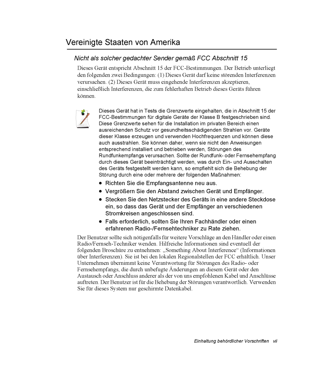 Samsung NP-P40TV03/SEG manual Vereinigte Staaten von Amerika, Nicht als solcher gedachter Sender gemäß FCC Abschnitt 