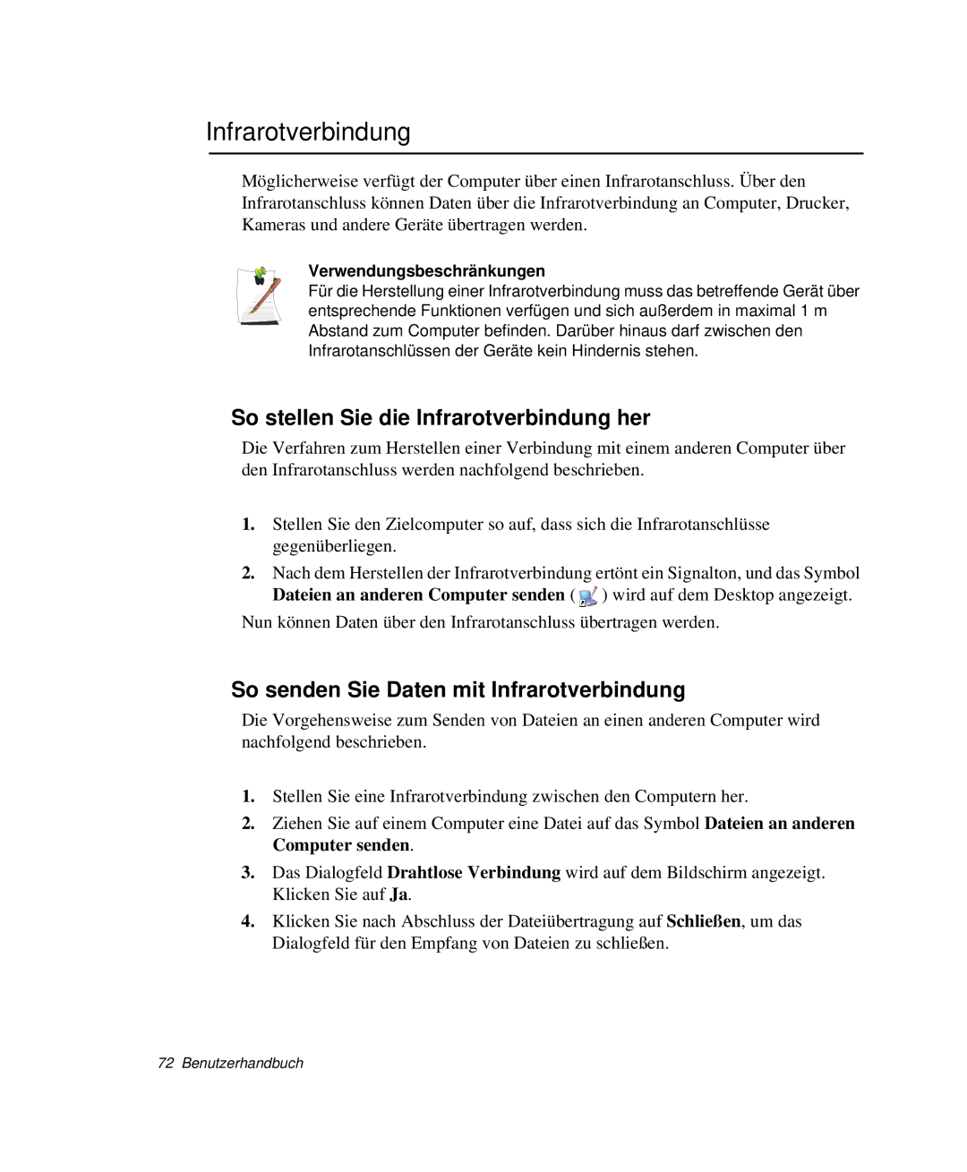 Samsung NP-P40TV03/SEG manual So stellen Sie die Infrarotverbindung her, So senden Sie Daten mit Infrarotverbindung 