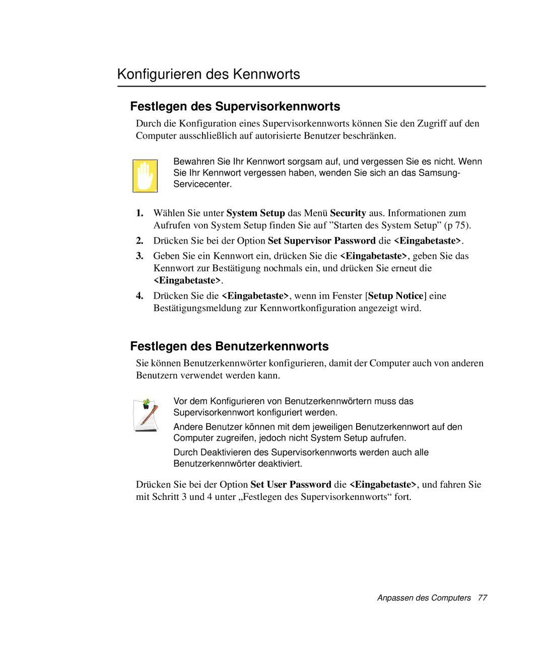 Samsung NP-P40TV04/SEG Konfigurieren des Kennworts, Festlegen des Supervisorkennworts, Festlegen des Benutzerkennworts 