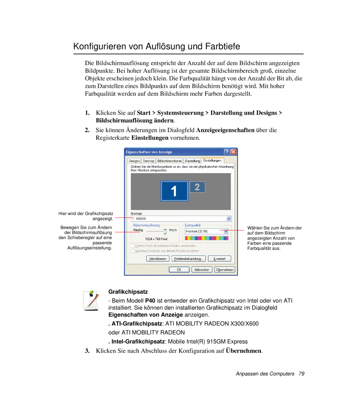 Samsung NP-P40CV01/SEG, NP-P40TV04/SEG, NP-P40TV03/SEG manual Konfigurieren von Auflösung und Farbtiefe, Grafikchipsatz 