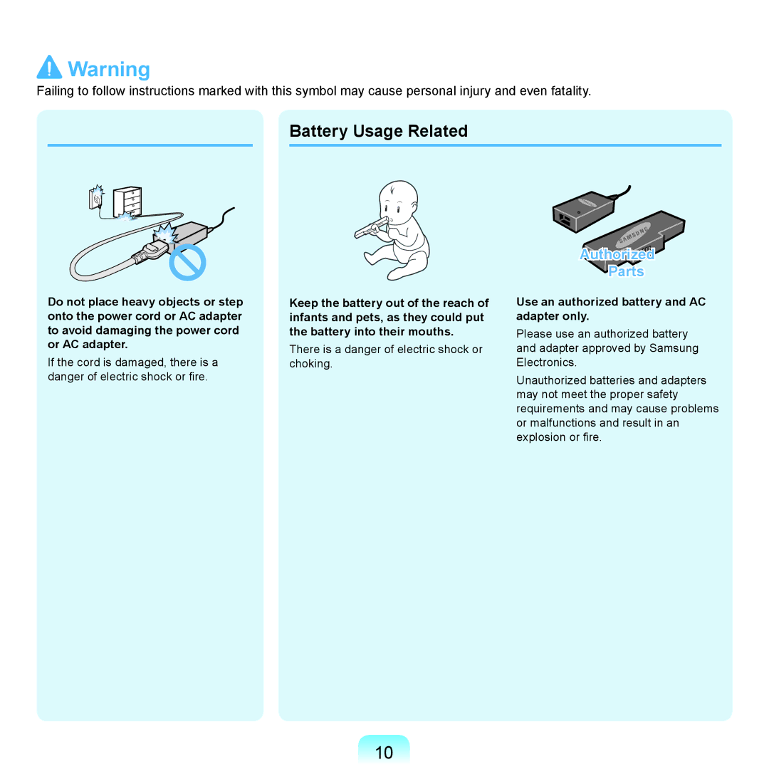 Samsung NP-P580-JS03DE, NP-P480-JS02DE, NP-X125-JA01AT Battery Usage Related, Use an authorized battery and AC adapter only 