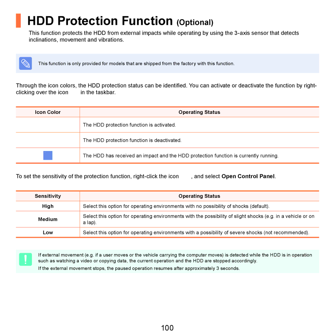 Samsung NP-P580-JS05AT, NP-P480-JS02DE, NP-X125-JA01AT HDD Protection Function Optional, 100, Icon Color Operating Status 