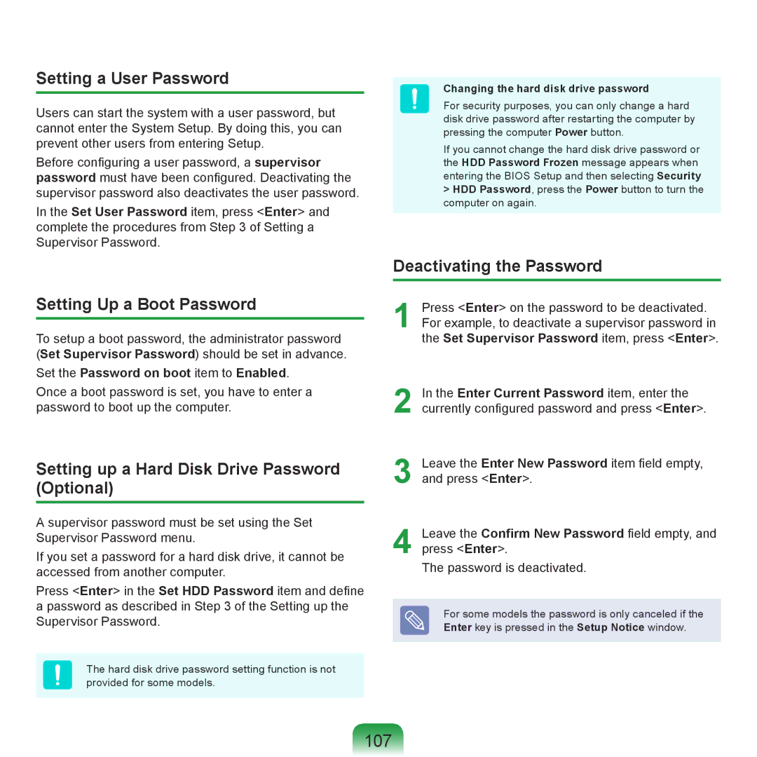 Samsung NP-P580-JS04AT, NP-P480-JS02DE 107, Setting a User Password, Setting Up a Boot Password, Deactivating the Password 