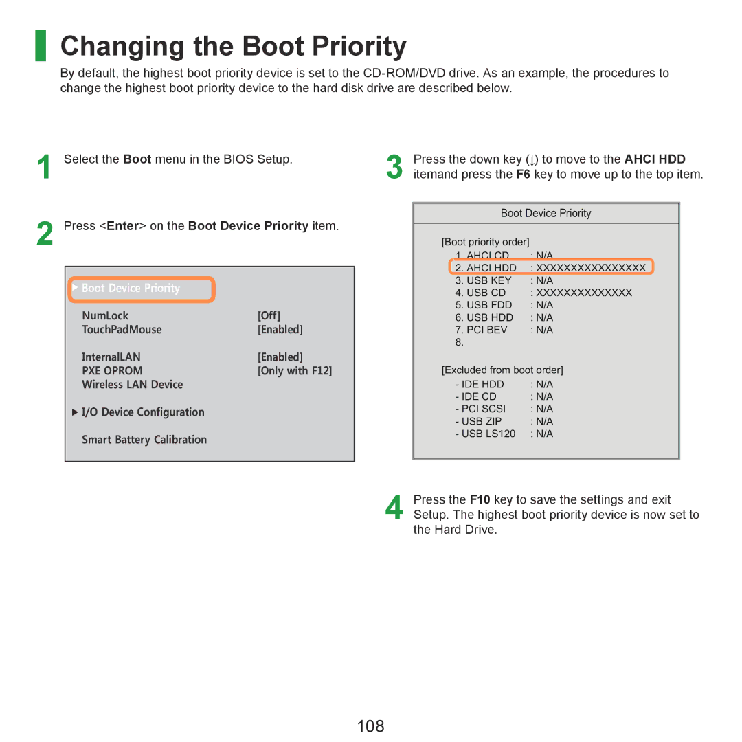 Samsung NP-P580-JS01DE, NP-P480-JS02DE Changing the Boot Priority, 108, Press Enter on the Boot Device=PCDNGF?riority item 