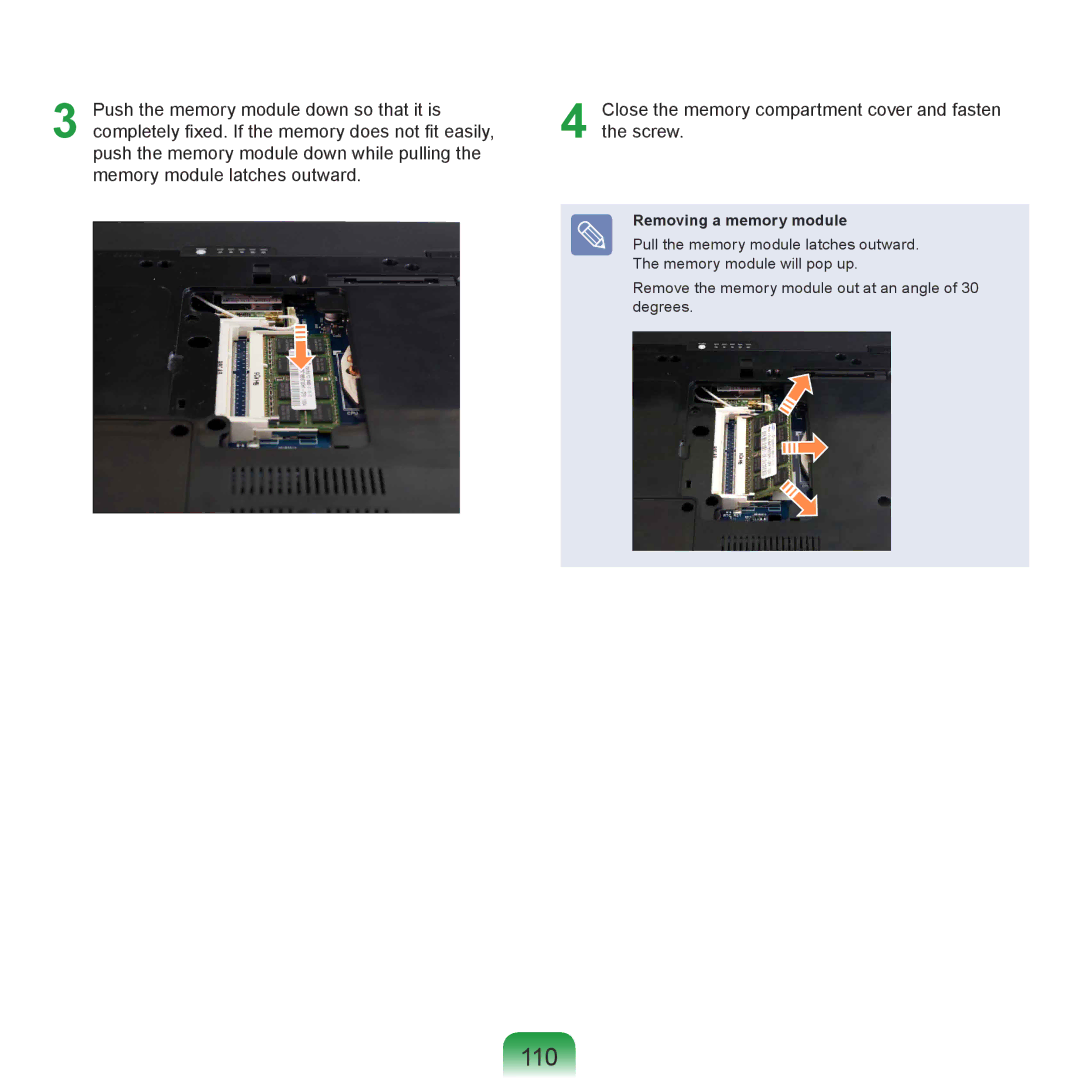 Samsung NP-P580-JA02FR, NP-P480-JS02DE, NP-X125-JA01AT, NP-P580-JS01AT, NP-P580-JA01DE manual 110, Removing a memory module 