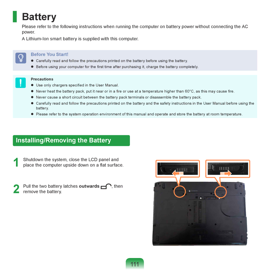 Samsung NP-P580-JS01IT, NP-P480-JS02DE, NP-X125-JA01AT, NP-P580-JS01AT Installing/Removing the Battery, 111, Precautions 