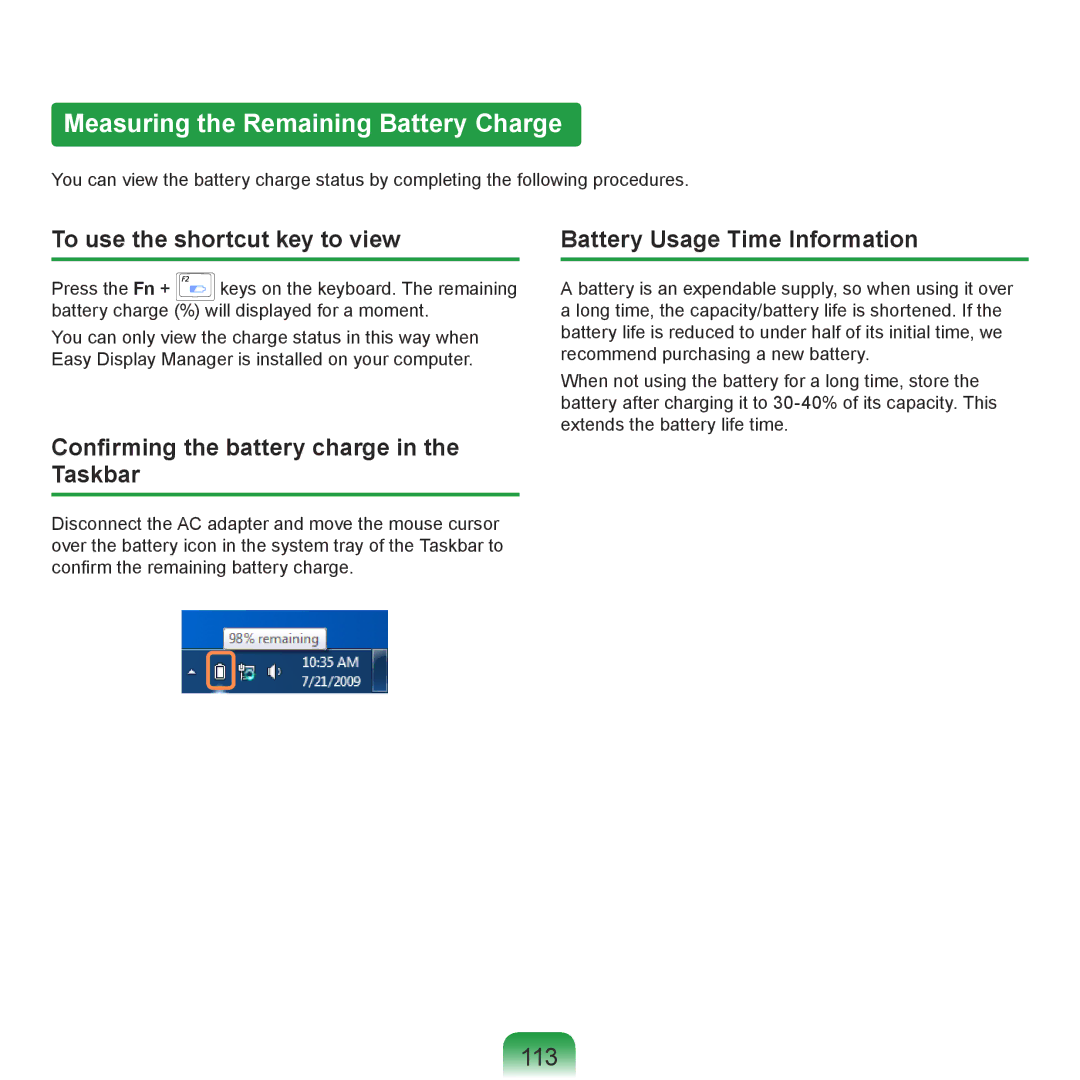 Samsung NP-P580-JA04IT, NP-P480-JS02DE manual Measuring the Remaining Battery Charge, 113, To use the shortcut key to view 