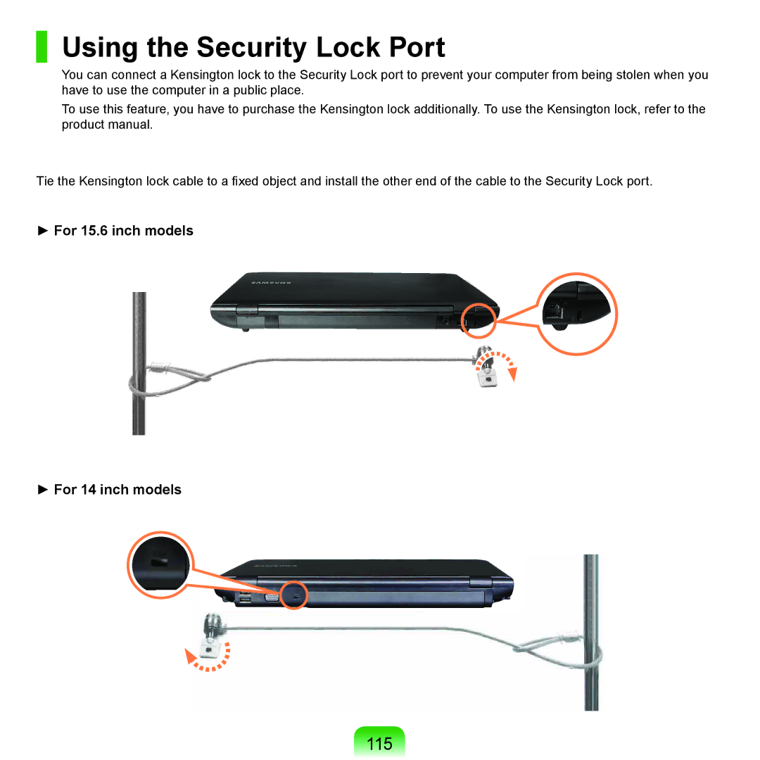 Samsung NP-X125-HAW1IT, NP-P480-JS02DE, NP-X125-JA01AT, NP-P580-JS01AT, NP-P580-JA01DE manual Using the Security Lock Port, 115 