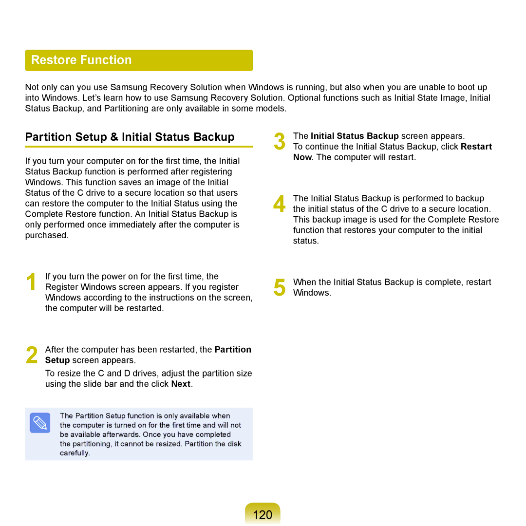 Samsung NP-P580-JA01SE, NP-P480-JS02DE, NP-X125-JA01AT manual Restore Function, 120, Partition Setup & Initial Status Backup 