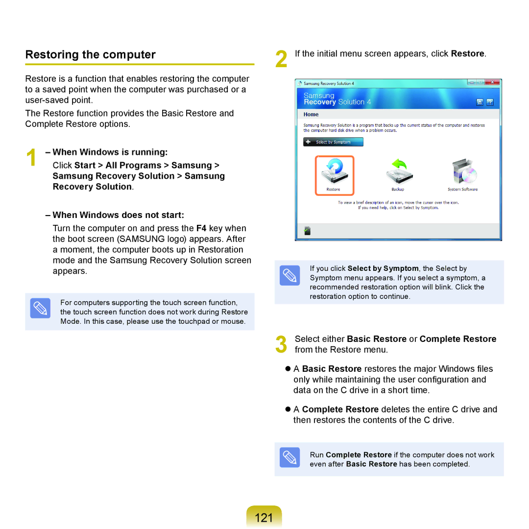 Samsung NP-P580-JA02SE, NP-P480-JS02DE, NP-X125-JA01AT, NP-P580-JS01AT, NP-P580-JA01DE manual 121, Restoring the computer 