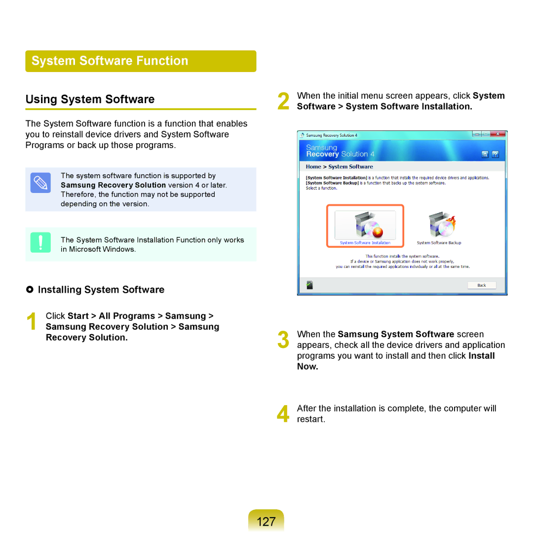 Samsung NP-P580-JA01DE, NP-P480-JS02DE System Software Function, 127, Using System Software,  Installing System Software 