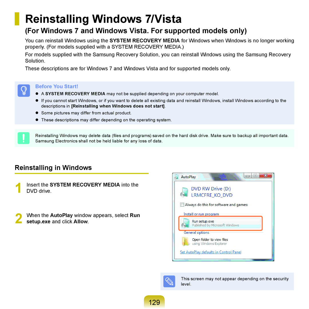 Samsung NP-P580-JA02DE, NP-P480-JS02DE, NP-X125-JA01AT manual Reinstalling Windows 7/Vista, 129, Reinstalling in Windows 