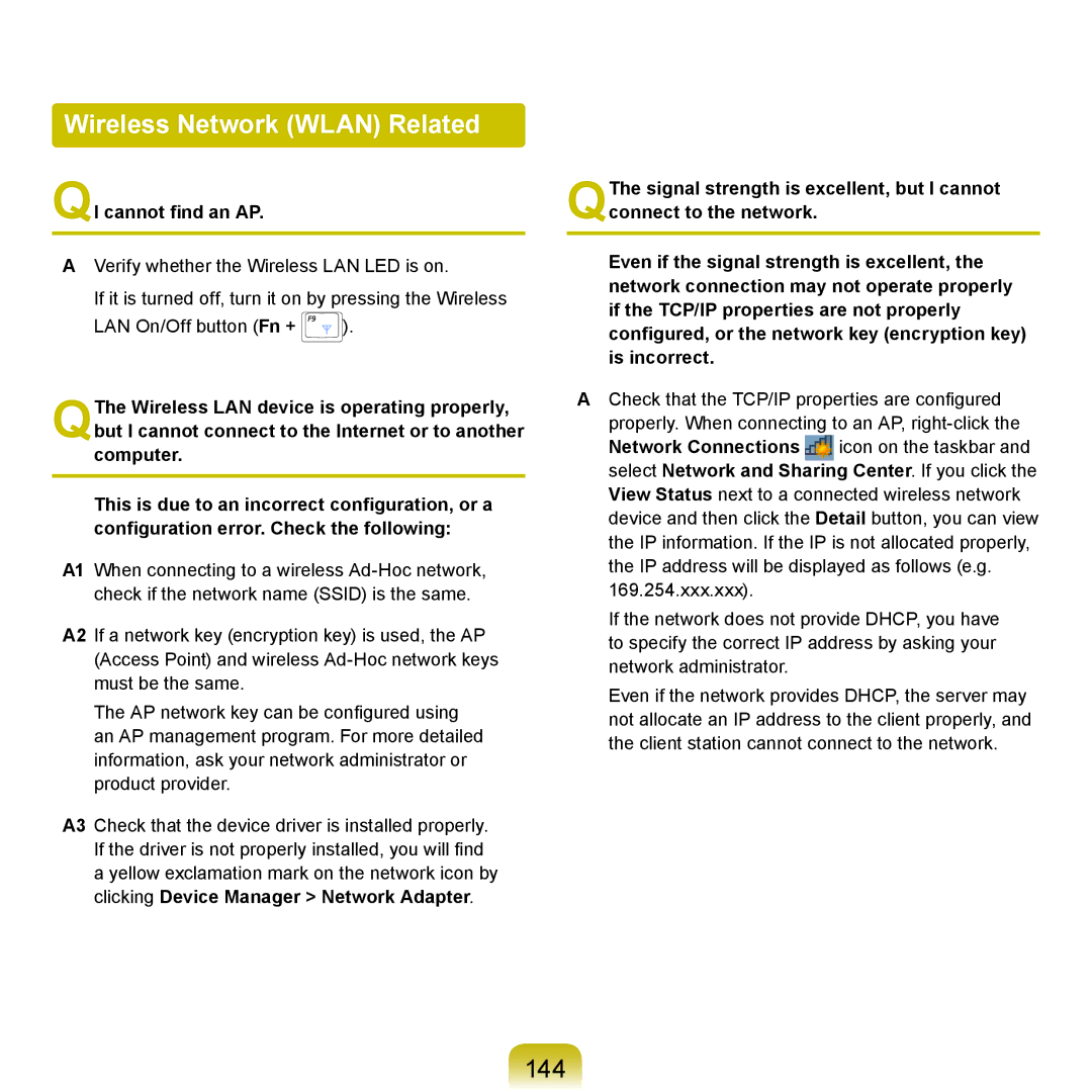 Samsung NP-P580-JA04IT, NP-P480-JS02DE, NP-X125-JA01AT manual Wireless Network Wlan Related, 144, QI cannot find an AP 