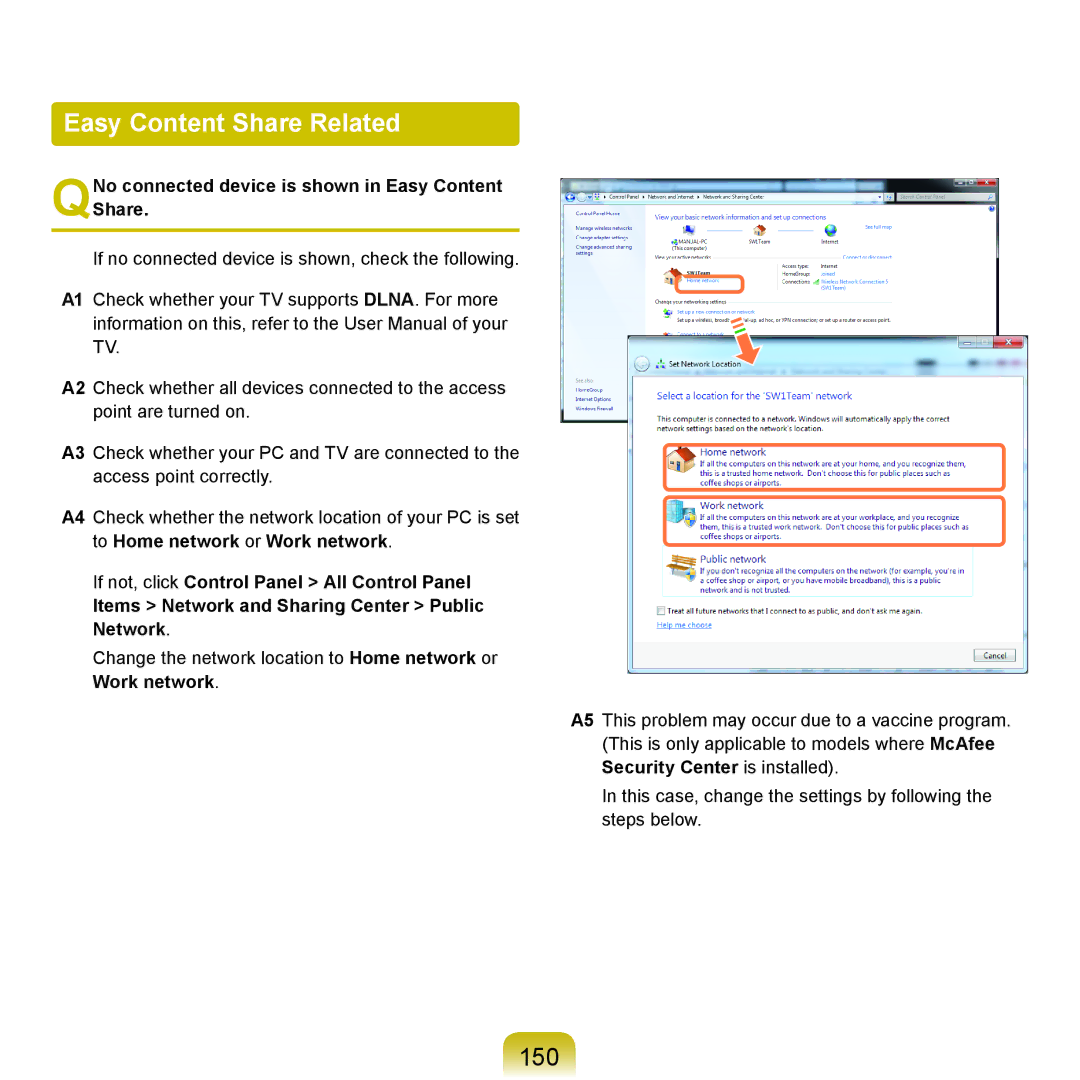 Samsung NP-X125-JA02SE Easy Content Share Related, 150, QNo connected device is shown in Easy Content Share, Work network 