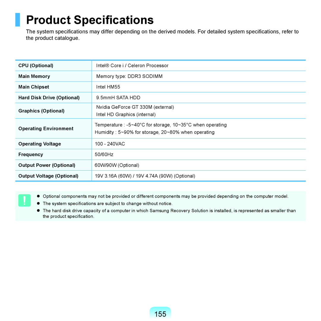 Samsung NP-X125-JA01IL, NP-P480-JS02DE, NP-X125-JA01AT, NP-P580-JS01AT, NP-P580-JA01DE manual Product Specifications, 155 