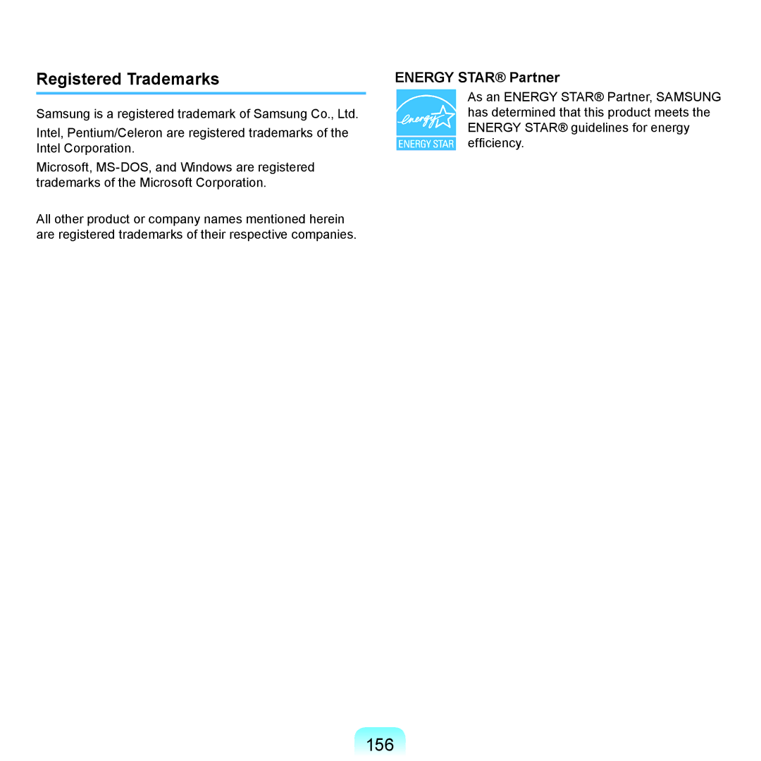 Samsung NP-P480-JS02DE, NP-X125-JA01AT, NP-P580-JS01AT, NP-P580-JA01DE manual 156, Registered Trademarks, Energy Star Partner 