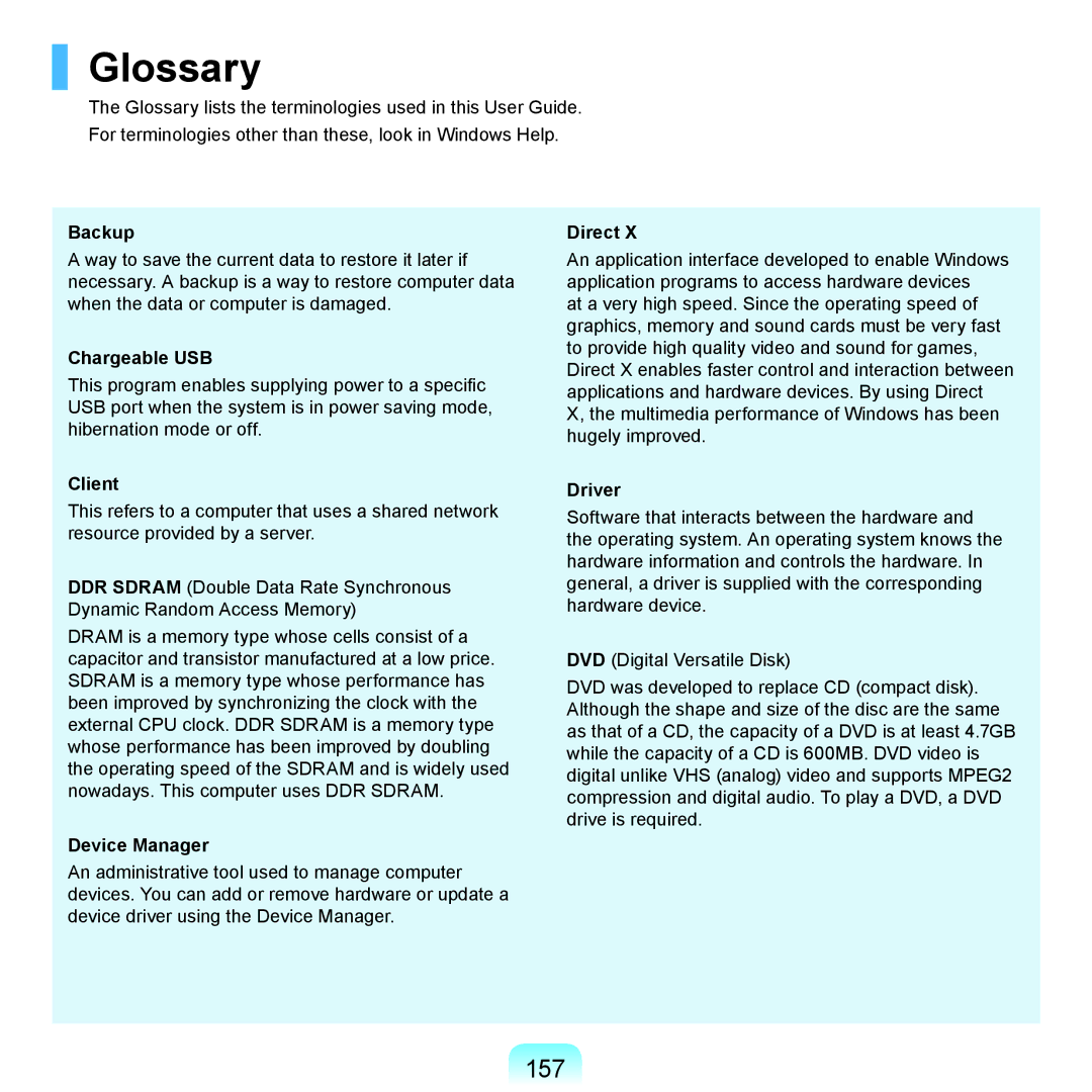 Samsung NP-X125-JA01AT, NP-P480-JS02DE, NP-P580-JS01AT, NP-P580-JA01DE, NP-P480-JS02AT, NP-P580-JA02DE manual Glossary, 157 