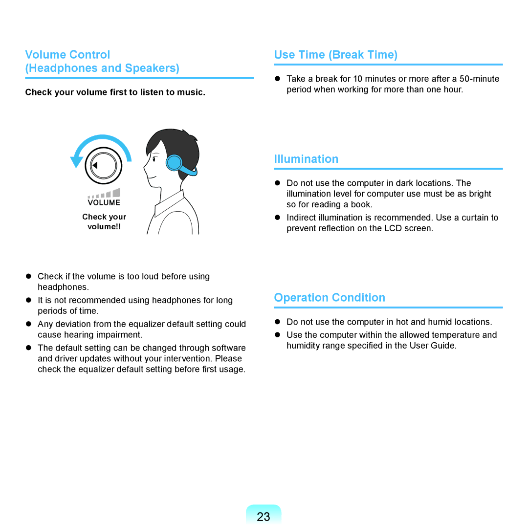 Samsung NP-P580-JS03IT Volume Control Headphones and Speakers, Use Time Break Time, Illumination, Operation Condition 