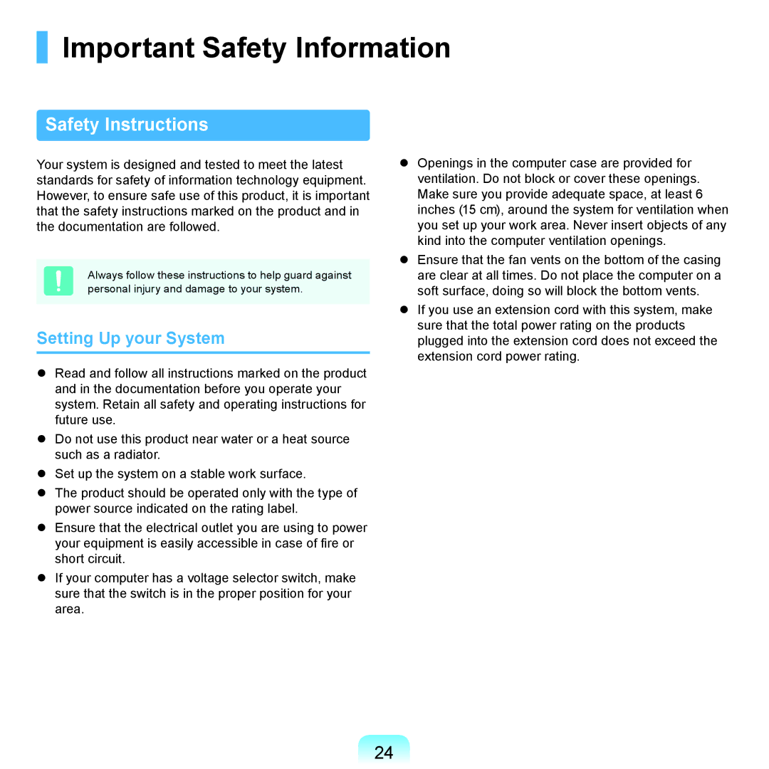 Samsung NP-P580-JS02IT, NP-P480-JS02DE manual Important Safety Information, Safety Instructions, Setting Up your System 